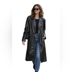 Vintage Avanti Black Genuine Leather Long Trench Coat PM